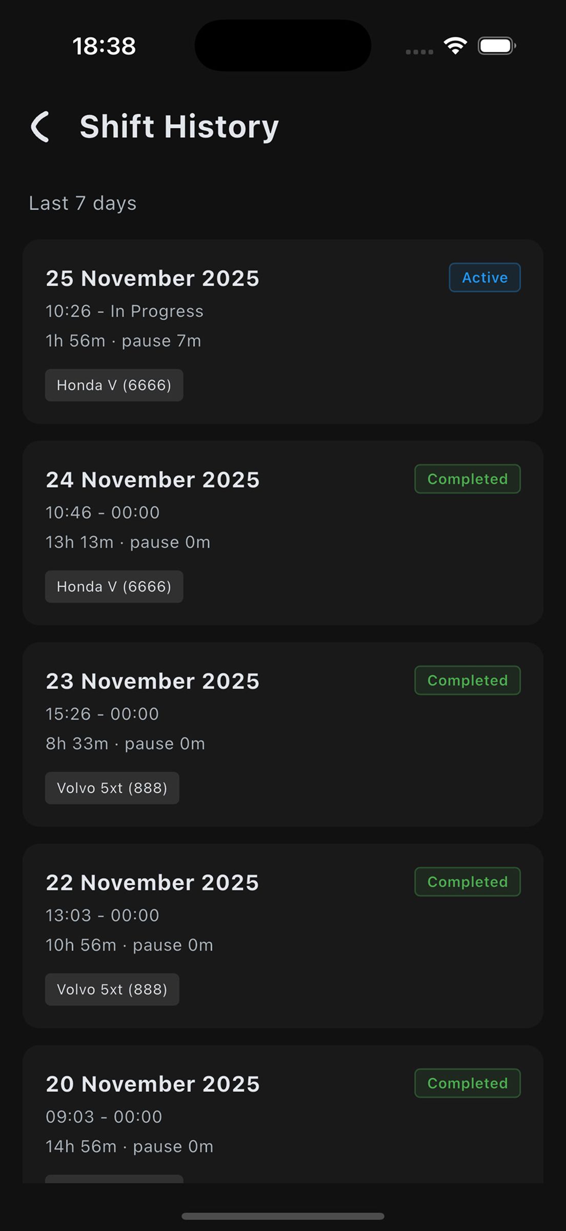 Shift History list