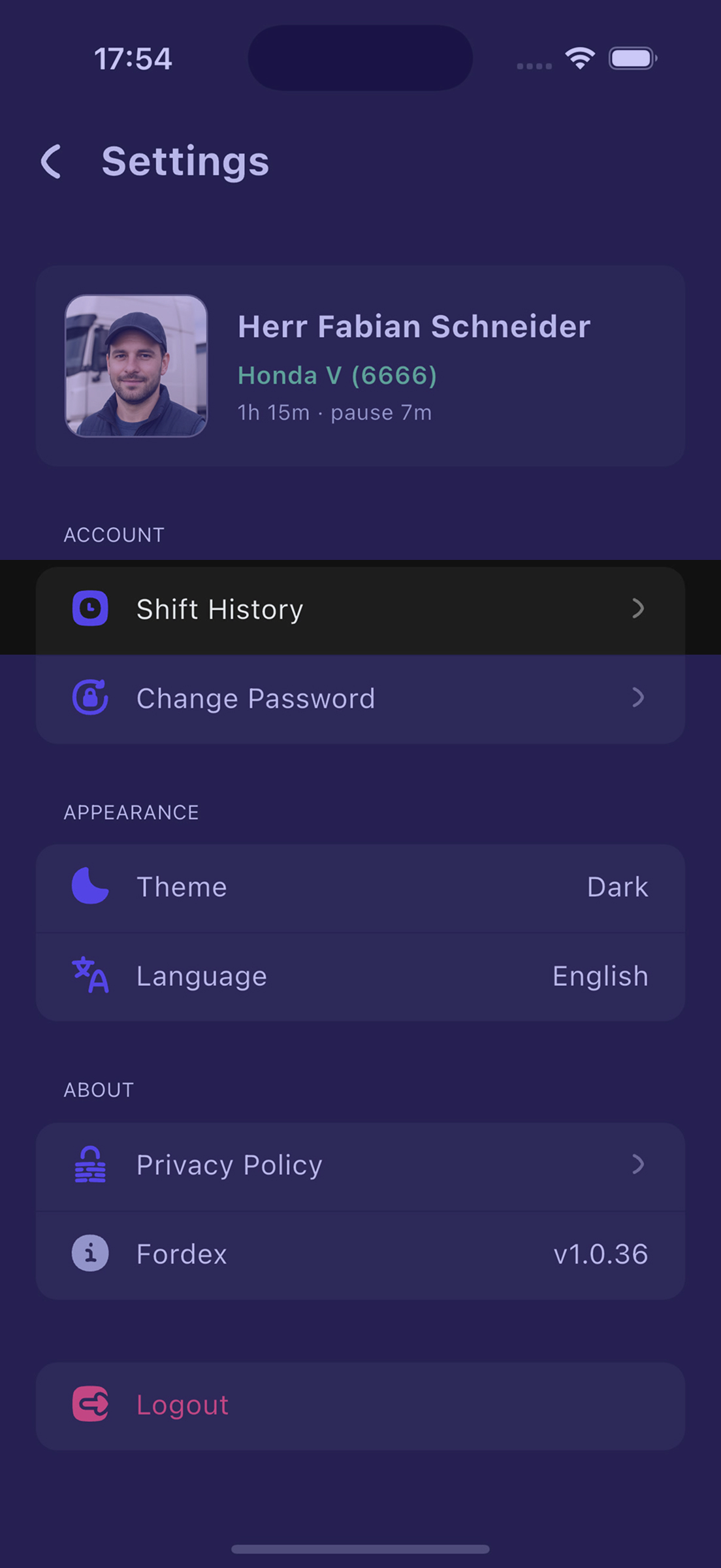 Shift History menu