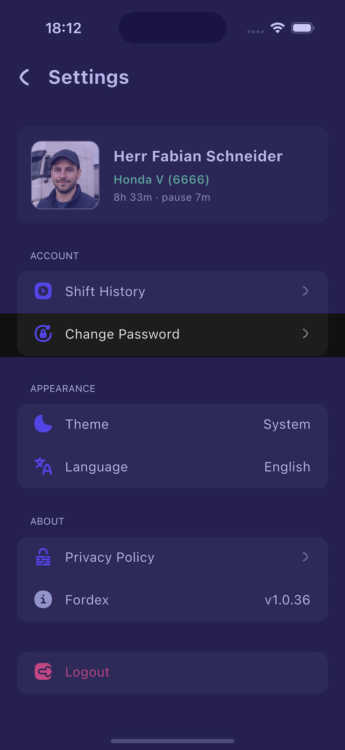 Change Password menu