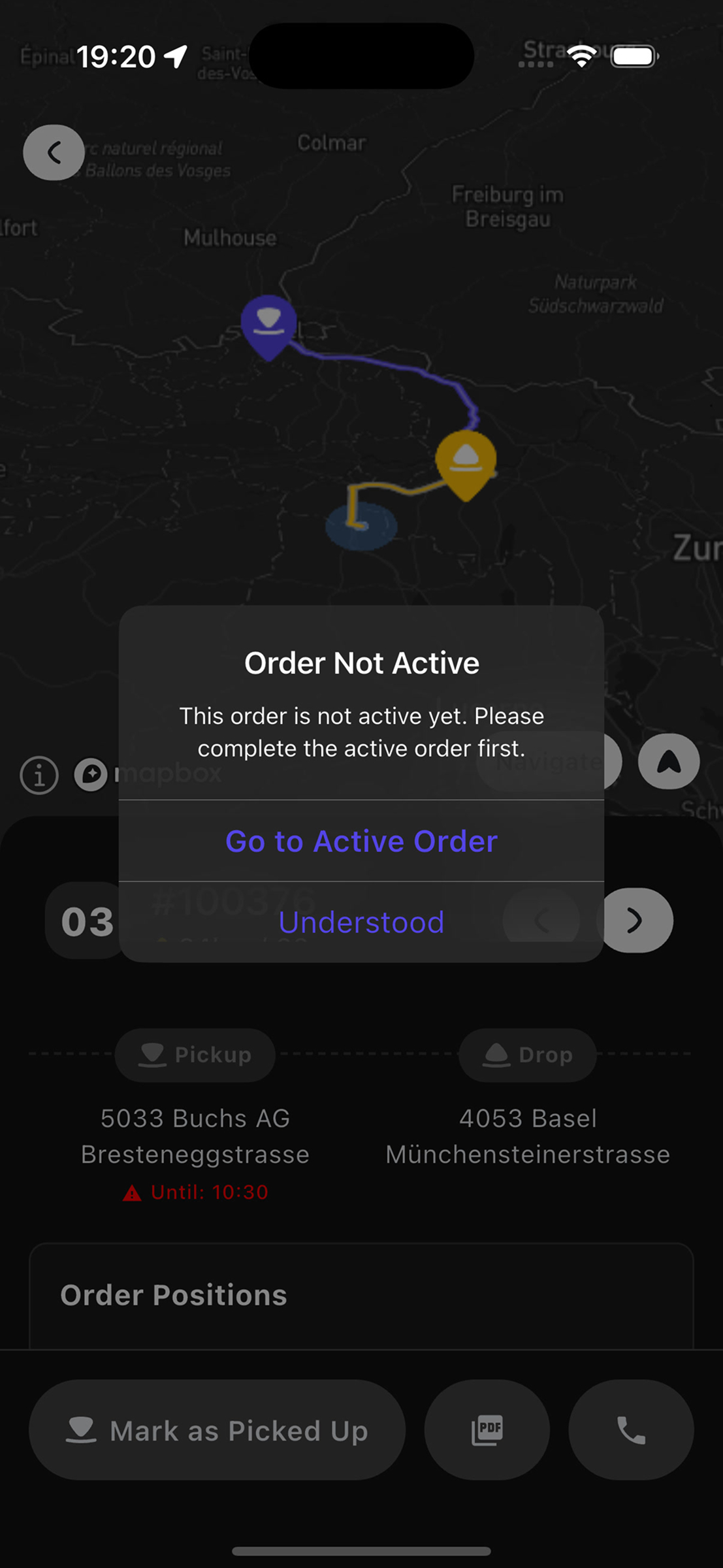 Auftrag nicht aktiv Dialog