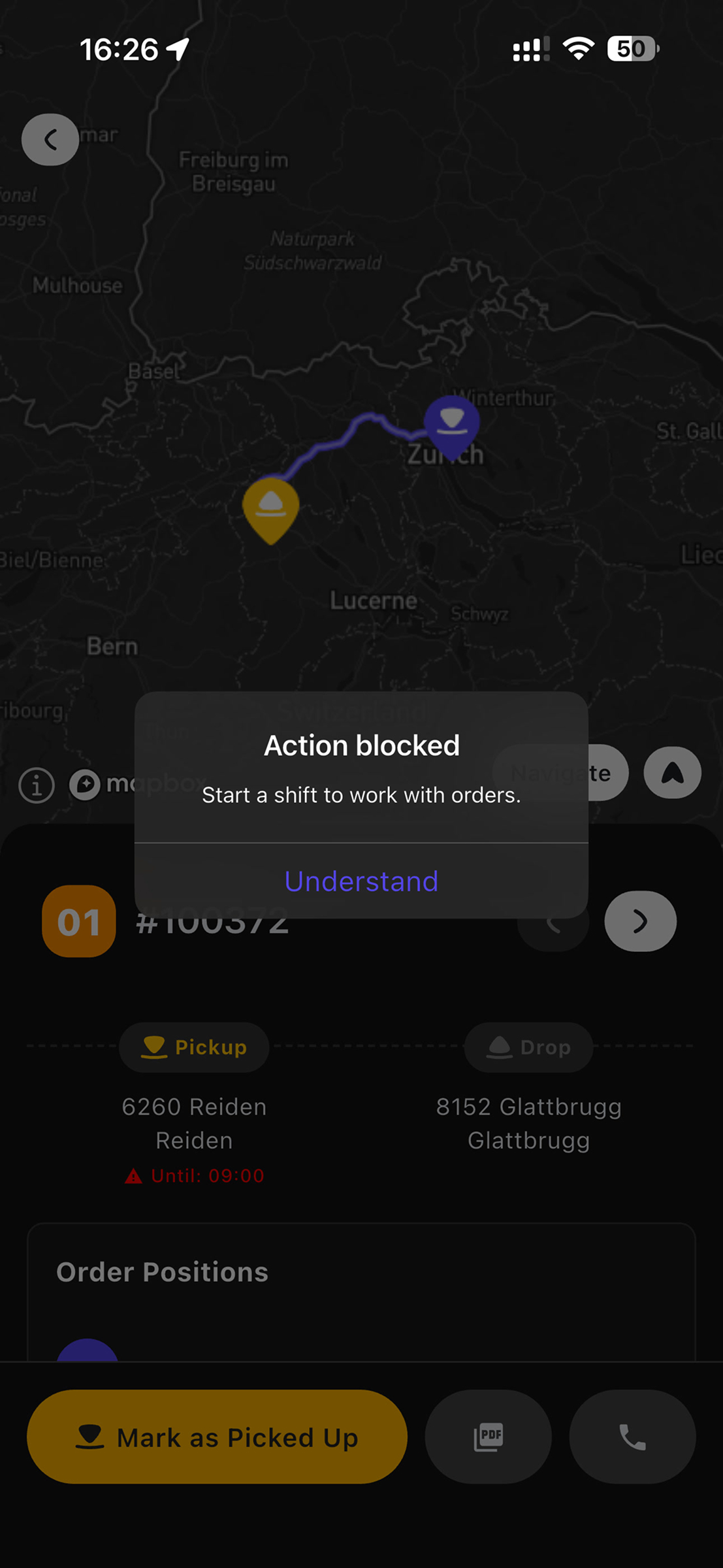 Schicht nicht gestartet Dialog